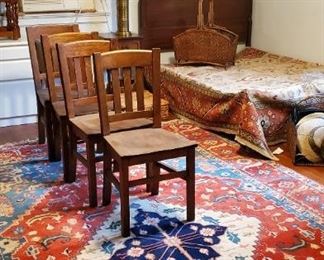 4 oak chairs, room size oriental