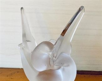$150 - Lalique Doves Sculptural Vase with flower frog insert; 8.5" H x 5.5" W x 4" D 