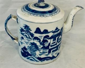 $75; Chinese Canton blue and white porcelain teapot, 5" H x 8" W