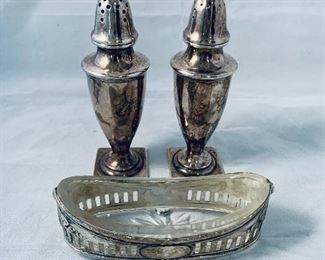 $125 - 20% OFF - Sterling silver salt and pepper shakers; 4" H / 800 coin silver and crystal tray; 3.5" x 1.25"  