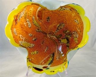 $75 - Orange art glass bowl; 8.5" x 8.5"