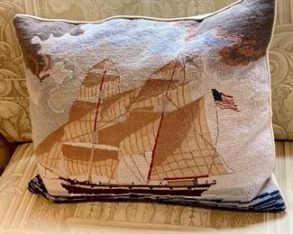 $75 - Needlepoint ship pillow, feather filled; 19" x 16"