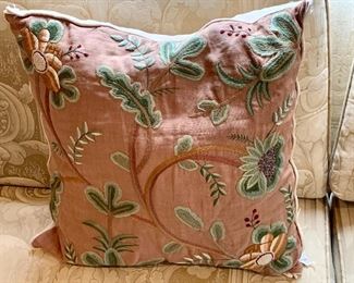 $30 - Embroidered linen pillow, poly filled; 16" x 16" (as is, backing is ripped)