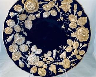 $180 - Meissen Morning Glory and Rose Blue and Gold Decorative Plate (as is, slight wear to gold finish); 12" 