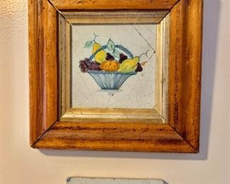 $75 - Vintage framed tile, basket of fruit, tile has a crack; 8" x 8"