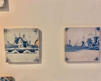 $20 each - Tile #4 (house), as is, chipped at side; Tile #5 (ships); Each is 5" x 5"