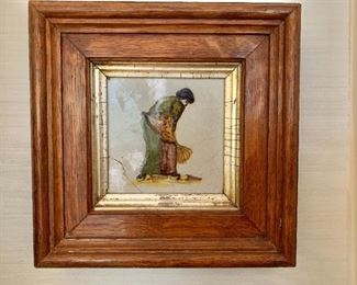 $75 - Framed Delft tile of a woman #1; 8" x 8" in frame 
