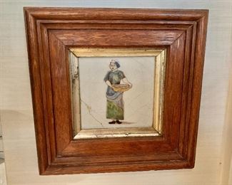 $75 - Framed Delft tile of a woman with basket #2; 8" x 8" in frame 