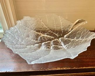 $30 - Glass leaf centerpiece bowl, frosted and clear; 14" x 11" x 4" 