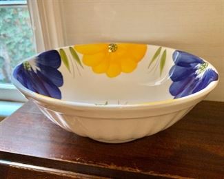 $20 - Maxam handpainted fruit bowl with blue and yellow flowers; 12" W x 5" H 