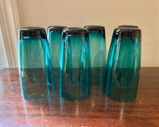$18 - Six teal blue glasses, small; 5" H x 2.5" 