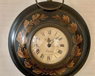 $230 - Vermeil, black toile wall clock; 14"  - as is - dent on bottom