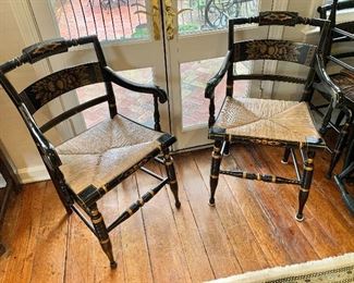 $140 - Pair of Hitchcock arm chairs with rush seats, good condition; 34" H x 19.5" W x 16" 