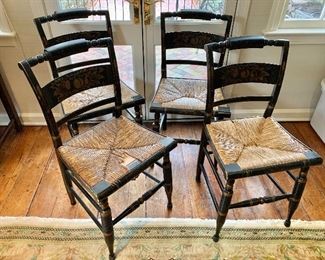 $250 - Four Hitchcock side chairs with rush seats (as is, one seat has some damage); 34" H x 17.5" W x 16.5" D, seat height is 19.5"