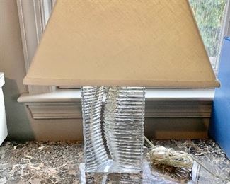 $250 - Daum (France) crystal base modernist lamp. Signed; Tested and working. 18" total height, shade is 13" x 9"