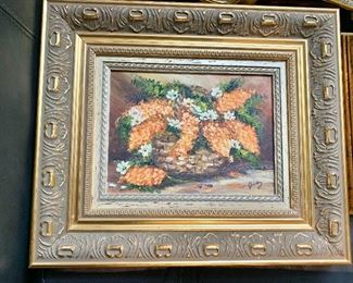 $145 - Basket of flowers, signed painting on canvas; 13.5" x 11.5" 