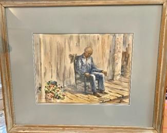 $150 - Watercolor of man in rocker, signed Reinnke; 25" W x 21.5" H