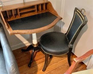 $295 - Regency style leather top, pedestal, fruitwood desk and ebonized fruitwood upholstered, hobnailed chair 