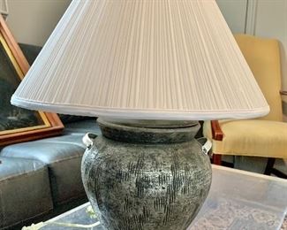 $60 - Urn lamp; as is, shade is torn. Tested and working. 19.5" total height, shade is 17" W