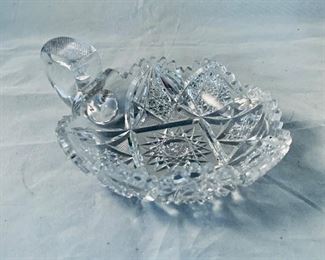 $20 - Crystal nut dish with ring handle; 7" x 5"