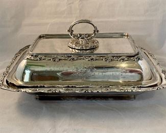 $35 - Barbour Silver Co. scroll edge silverplate covered dish with removable handle, 11" x 8" x 4.5"