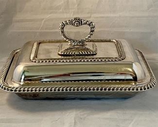 $30 each - TWO available - Sheffield Reproduction silverplate covered dish with removable handle; 11" x 8.25" x 4.5" 