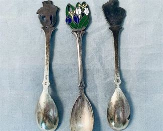 $30 - Enamel flower demitasse spoons; 4.5" long, one is missing some enamel; marked 90
