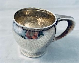 $95 - Hammered sterling silver cup engraved 'Julia'; 2.75" H x 4" W with handle - Engraved "Julia"