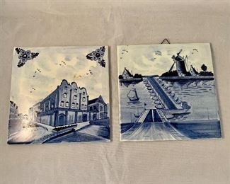 $20 each - Delft tile of building; Delft tile of waterfront; both are 6" x 6"