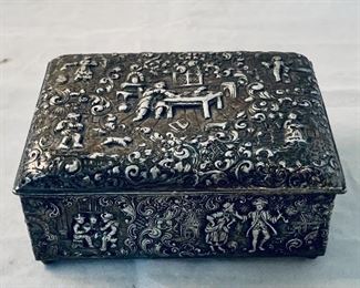 $24 - Silverplate repousse box; as is, both hinges are broken; 5" x 3.5" x 2"