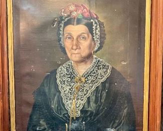 $295; Portrait of a woman in a lace collar; as is, multiple holes and tears in canvas; 25" W x 31" H