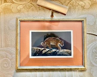 $250 - Gaby Guillard print of a leopard, picture light included; 12" W x 9" H