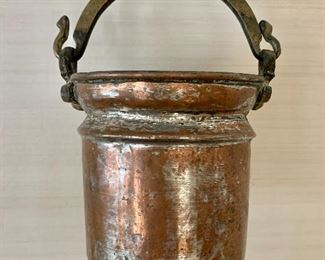 $60 - Copper bucket with wrought iron handle - 7" D x 6" H without handle