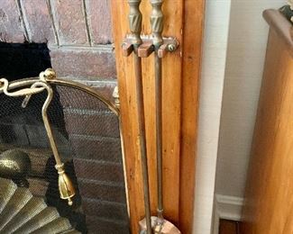 $250 - 3 Copper fireplace tools and wall holders - Approx  29" each