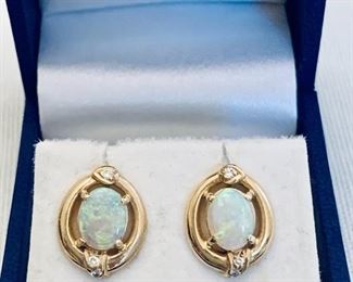 $120 - 20% OFF - 14K yellow gold, opal and diamond earrings; approx 11mm x 15mm