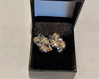$850 - 20% OFF - 14K white and yellow gold earrings with diamond; pierced with clip; approx 1” long and 0.5” wide