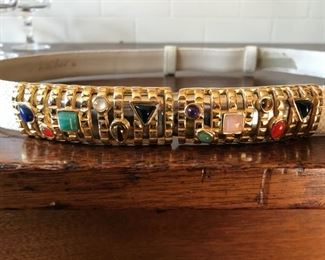 Price: $55. Bejeweled Judith Leiber retro belt with all "jewels" included. Metal clasp shows wear, velcro attached to inside of belt, needs cleaning. 