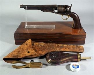 Colt Model 1860 .44 Cal 6-Shot Black Powder Revolver SN# 21409, With Period Original Holster, Powder Flask, Bullet Mold And Caps, In Repro Presentation Box