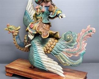 Oriental Roof Charms Of Men Riding Birds, Qty 2, Each On Wood Stands