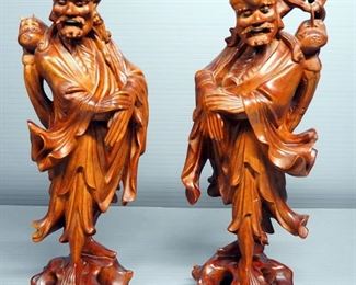 Pair Of Carved Wood Men, Both Approx 10" Tall, Staff On One Is Chipped