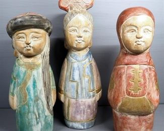 Carved Wood Oriental Statues, Qty 3, All Approx 15" High