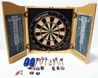 Dart Board In Wall Case With Oriental Cat Image And Darts