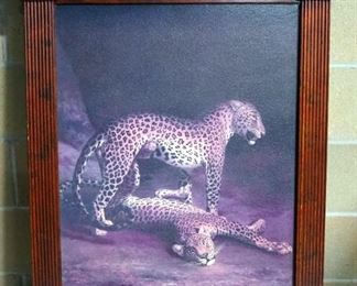 Print On Board Of Leopards, In Ornate Wood Frame, Some Wear, 31.5" Wide x 38" High