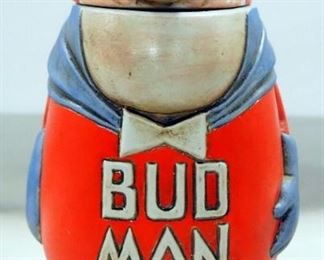 Budweiser Glass Assortment, Includes Pitcher, Various Drinking Glasses, And Bud Man Stein, Approx 17 Total Pieces, 8 Matching Glasses In Box