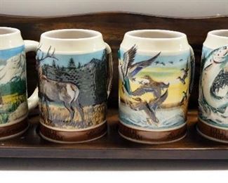 Anheuser-Busch And Field & Stream Wildlife Series Steins, Qty 4, And Wall Mounted Display Shelf