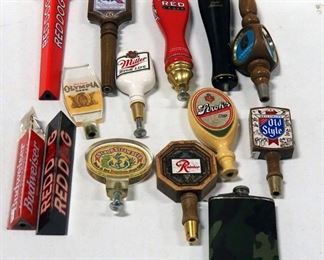 Beer Tap Handle Assortment, Various Styles And Sizes, Total Qty 14, And Camo Flask