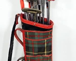 Golf Clubs, Various Brands Including Ping, Wilson, PGA, Hogan And More, Some In Leather Covers, Total Qty 20, All In Plaid Golf Bag