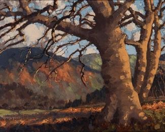 1005
Mabel Young
1889-1974, Irish
'Autumn In Wicklow'
Oil on board
Signed lower left: Mabel Young, titled on a gum label affixed to the backing paper
12" H x 16" W
Estimate: $800 - $1,200