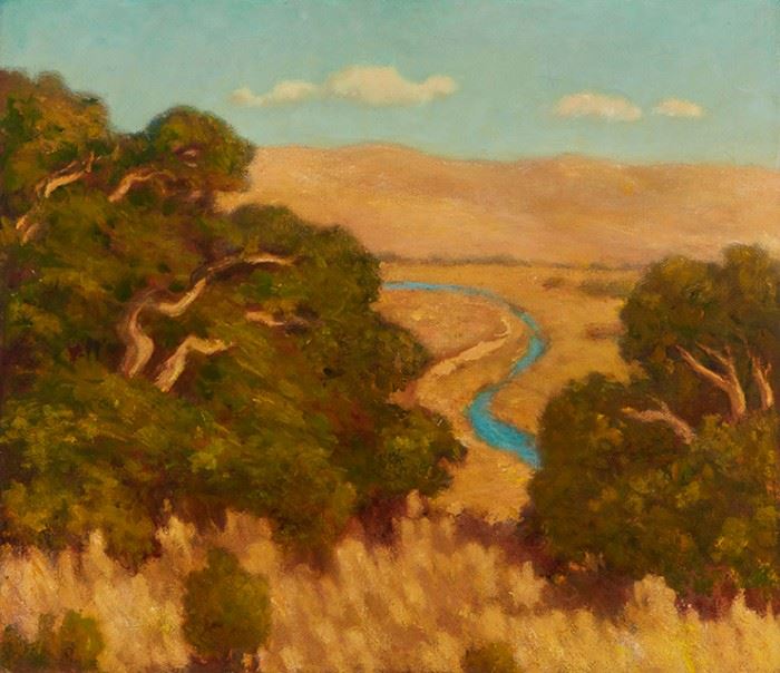 1001
Arthur Harold Knott
1883-1977, Morro Bay, CA
"Sun Baked Hills"
Oil on canvas
Signed, titled and inscribed on the stretcher: A. Harold Knott / "Morro Bay Calif."
26" H x 30" W
Estimate: $1,500 - $2,000