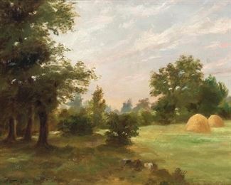 1004
Samuel Rowan Watson
1853-1923, Irish
'Evening Near Templeogue,' 1918
Oil on canvas
Signed and dated lower left: S. Rowan Watson, signed again and titled on an artist's label affixed to the stretcher
15" H x 21" W
Estimate: $600 - $800